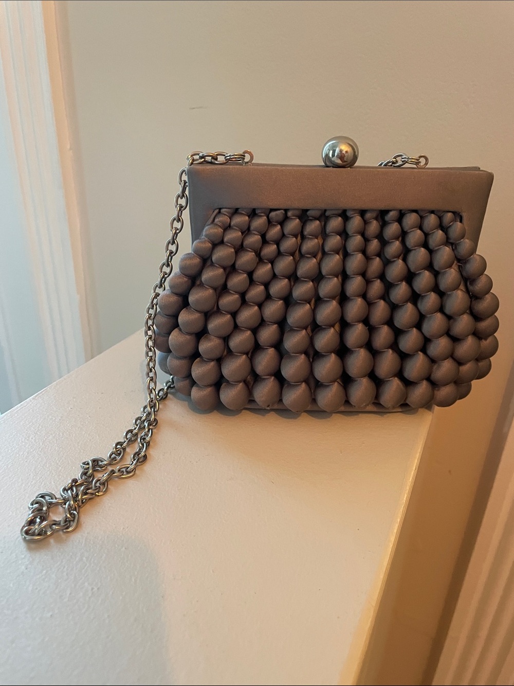 Sondra Roberts Taupe Braided Bead-Front Chain Mini Bag